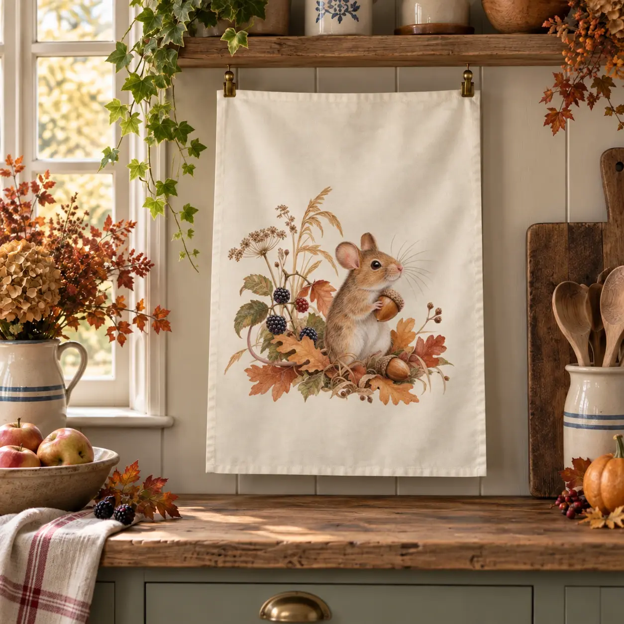 Acorn Mouse Tea Towel in a home setting
