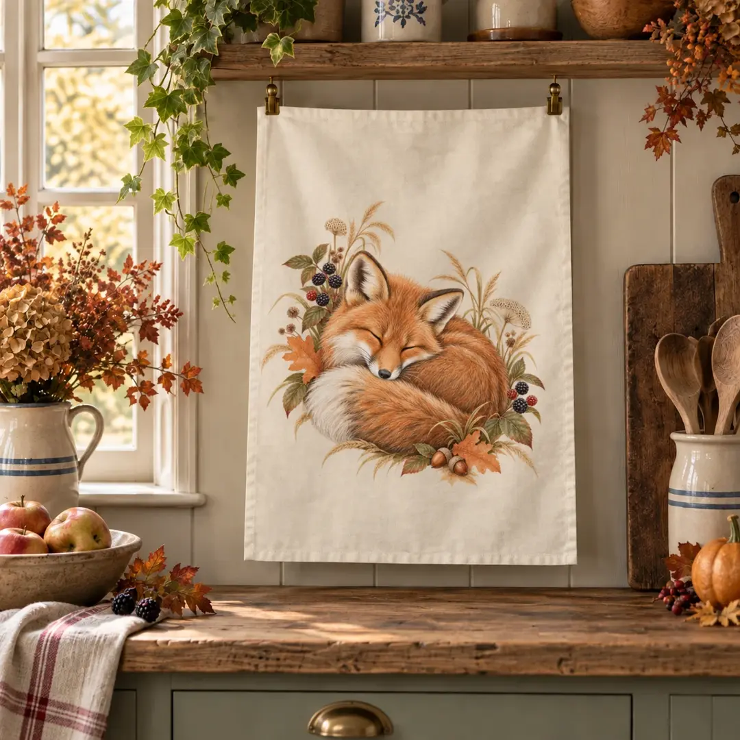 Bramble Fox Tea Towel in a home setting