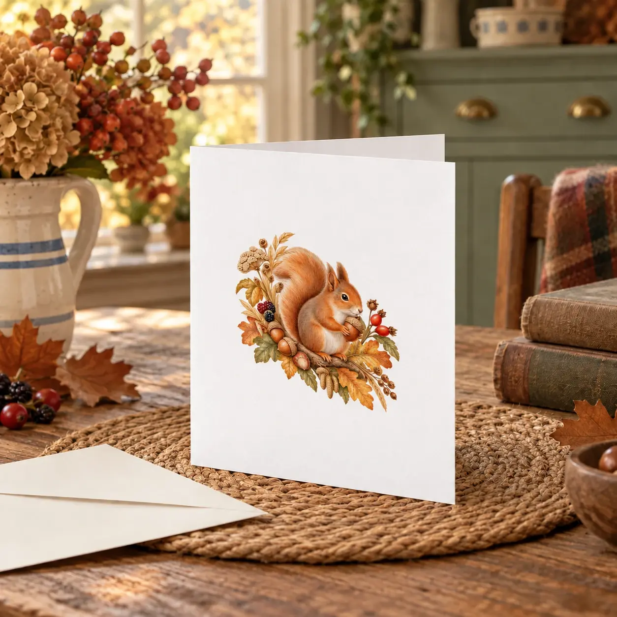 Hazel Squirrel Greeting Card in a home setting
