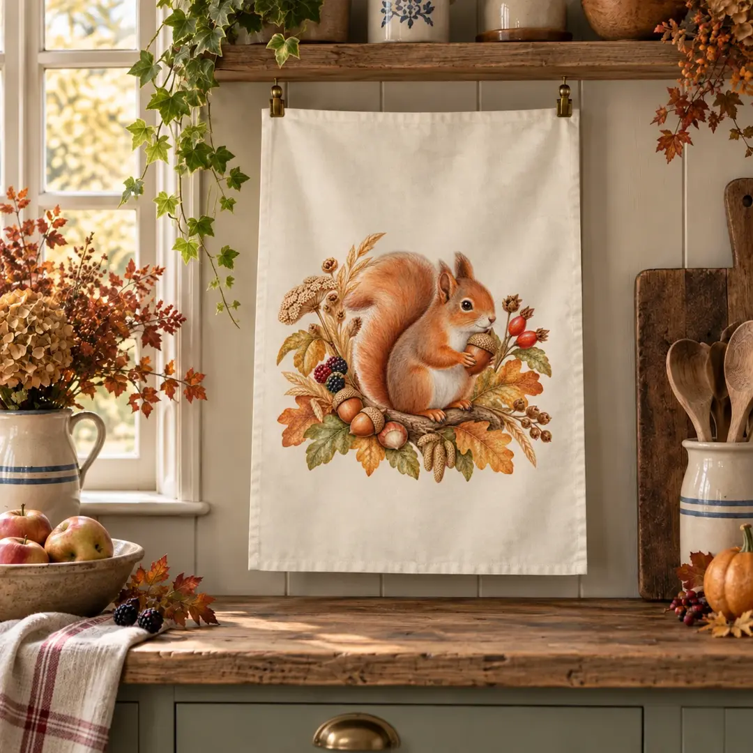Hazel Squirrel Tea Towel in a home setting