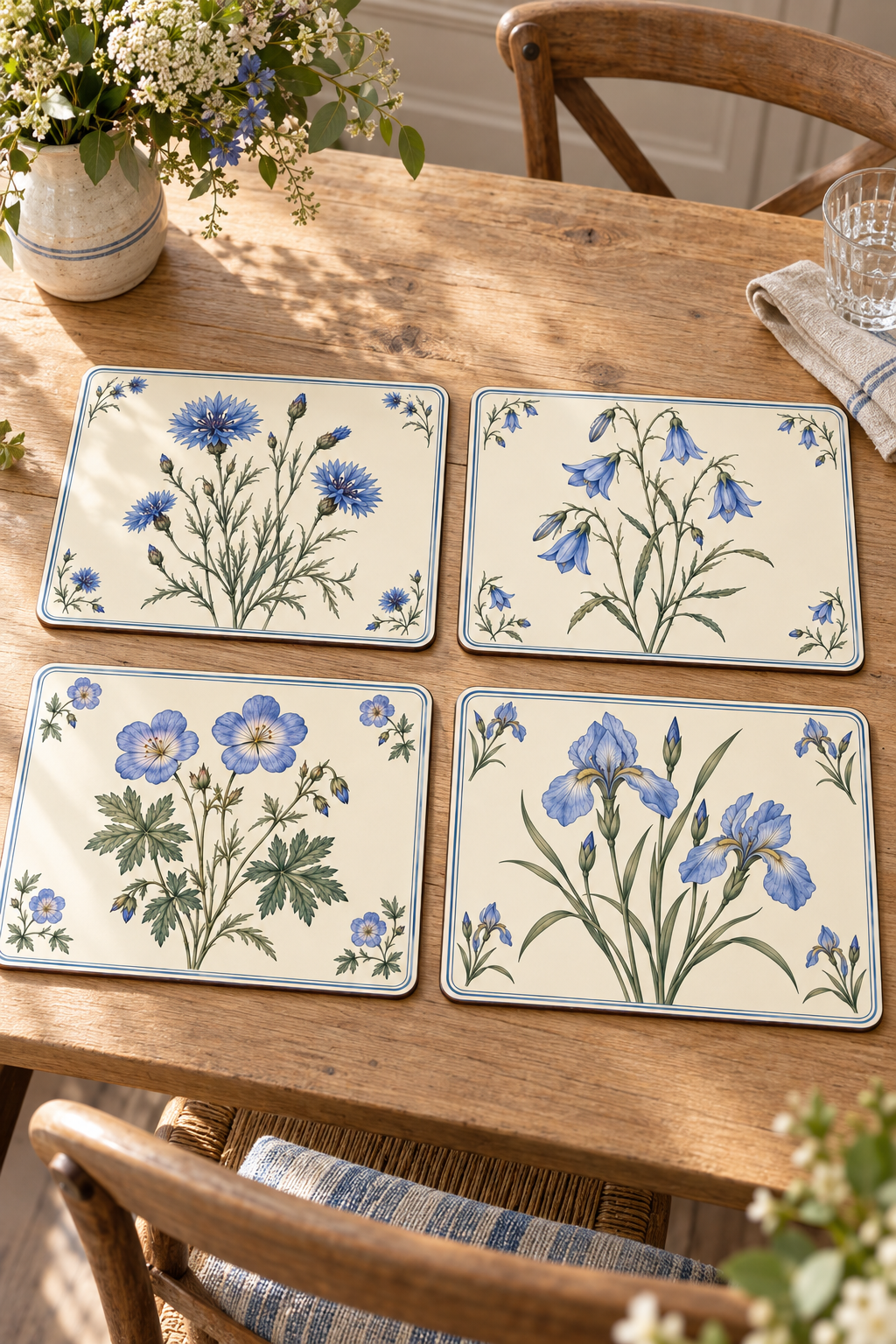 Meadow Blue Botanical Placemats — Set of Four in a home setting