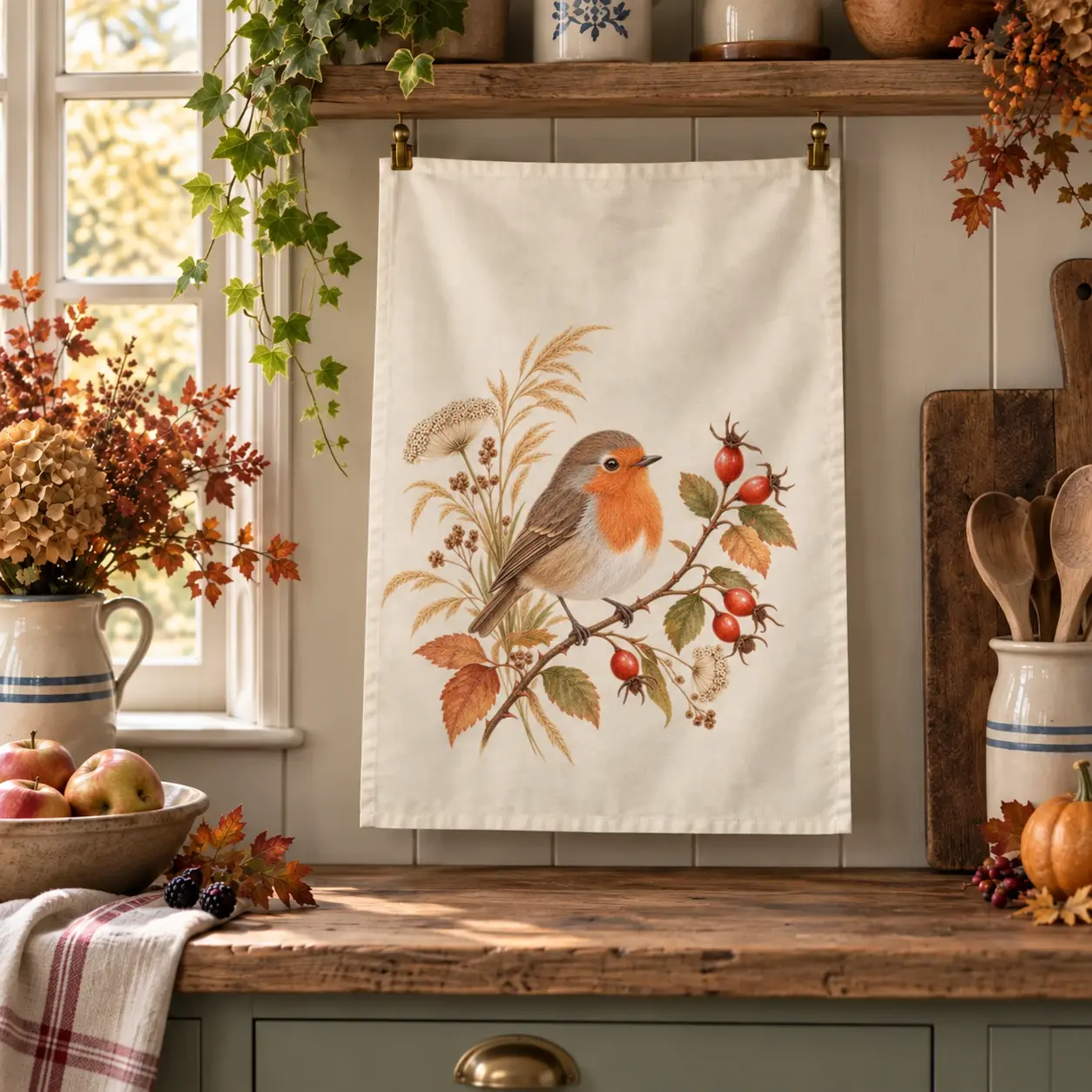 Rosehip Robin Tea Towel in a home setting