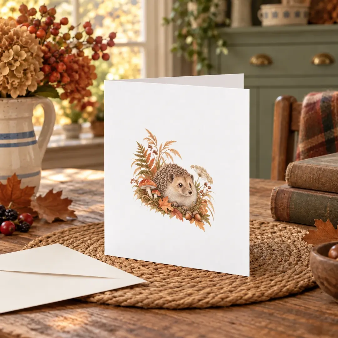 Woodland Hedgehog Greeting Card in a home setting