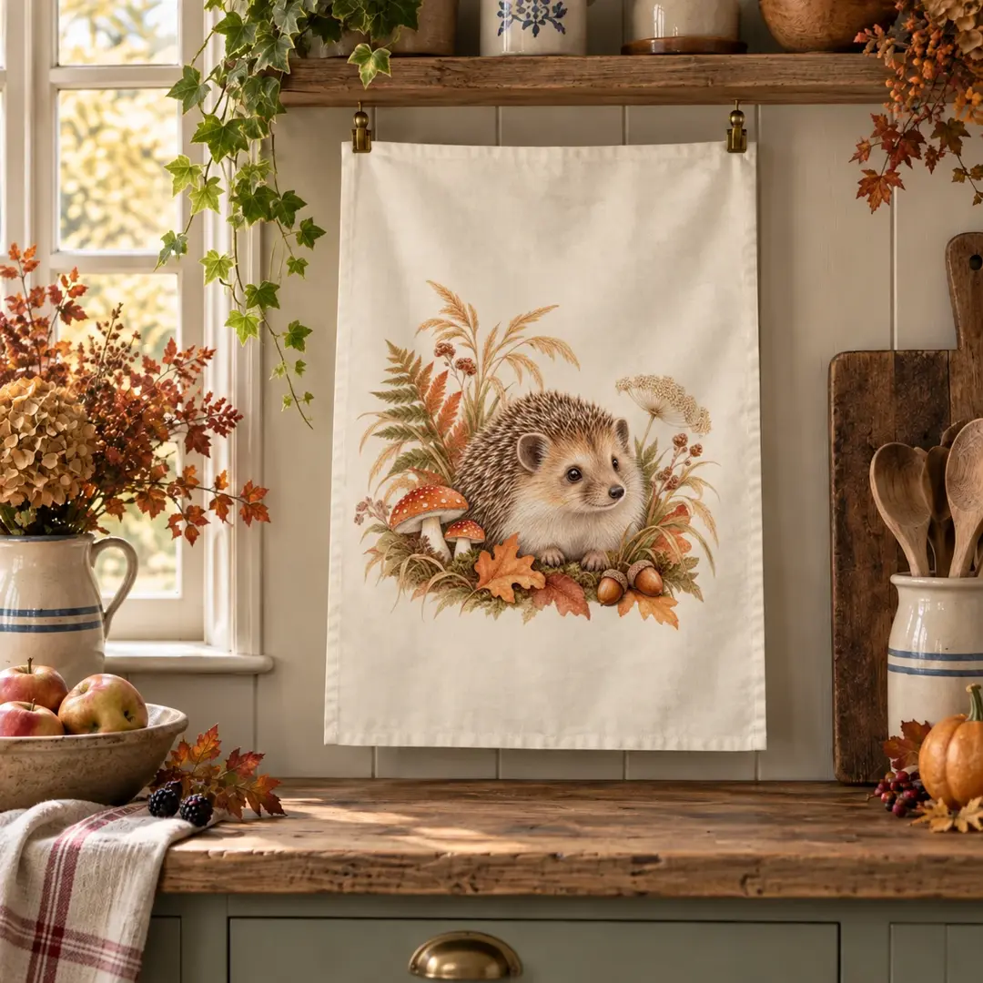 Woodland Hedgehog Tea Towel in a home setting