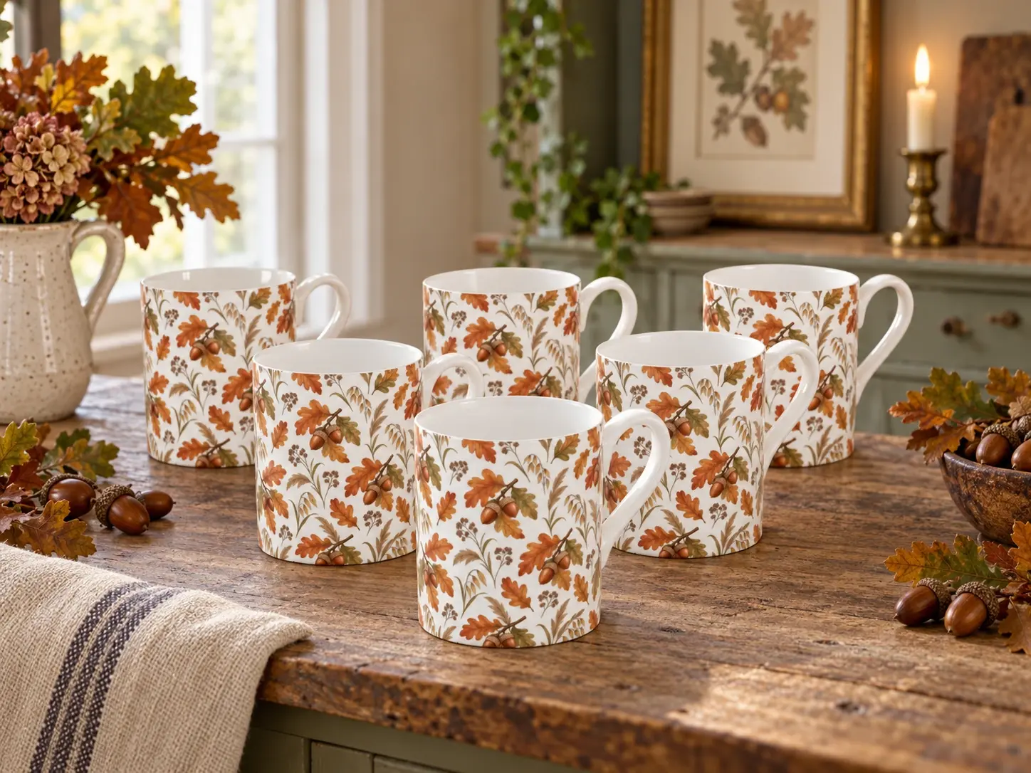 Oak & Acorn Bone China Mugs — Set of Six