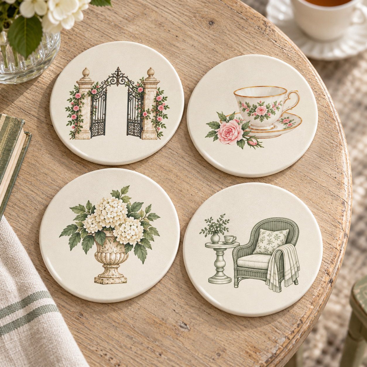 Country House Ceramic Coasters — Set of Four in a home setting