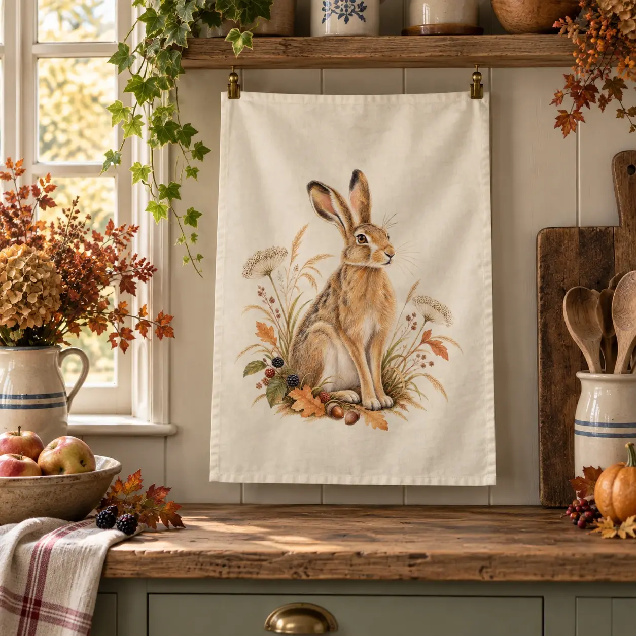 Meadow Hare Tea Towel in a home setting